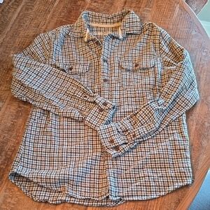 Plaid Button-Up Shirt - Tan & Blue Casual Workshirt